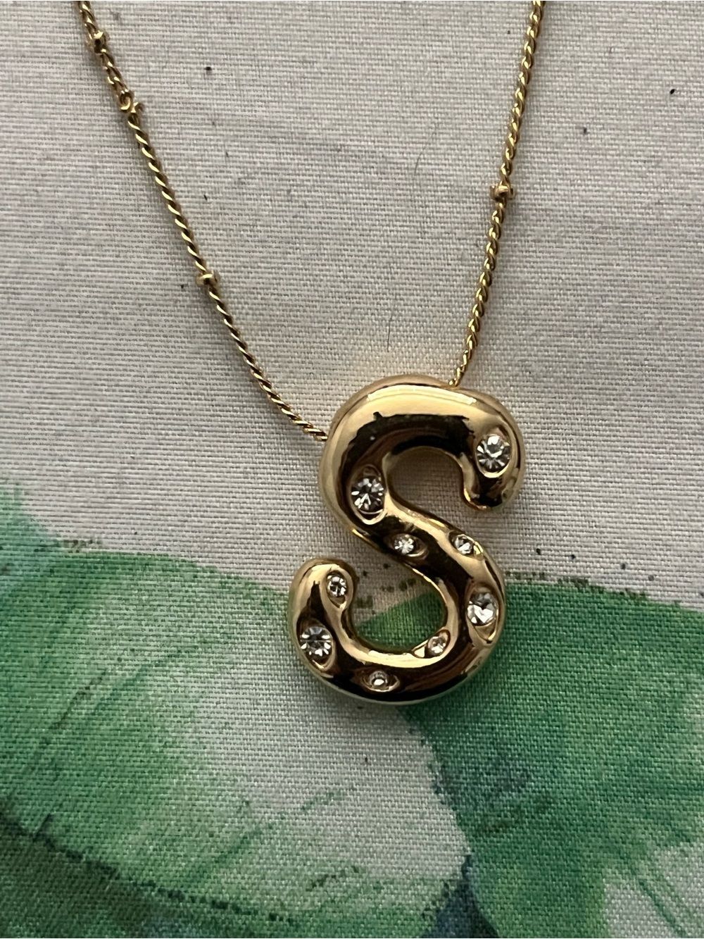 Gold S Initial Pendant Necklace Crystal Bubble Letter Stainless Steel 17-20”